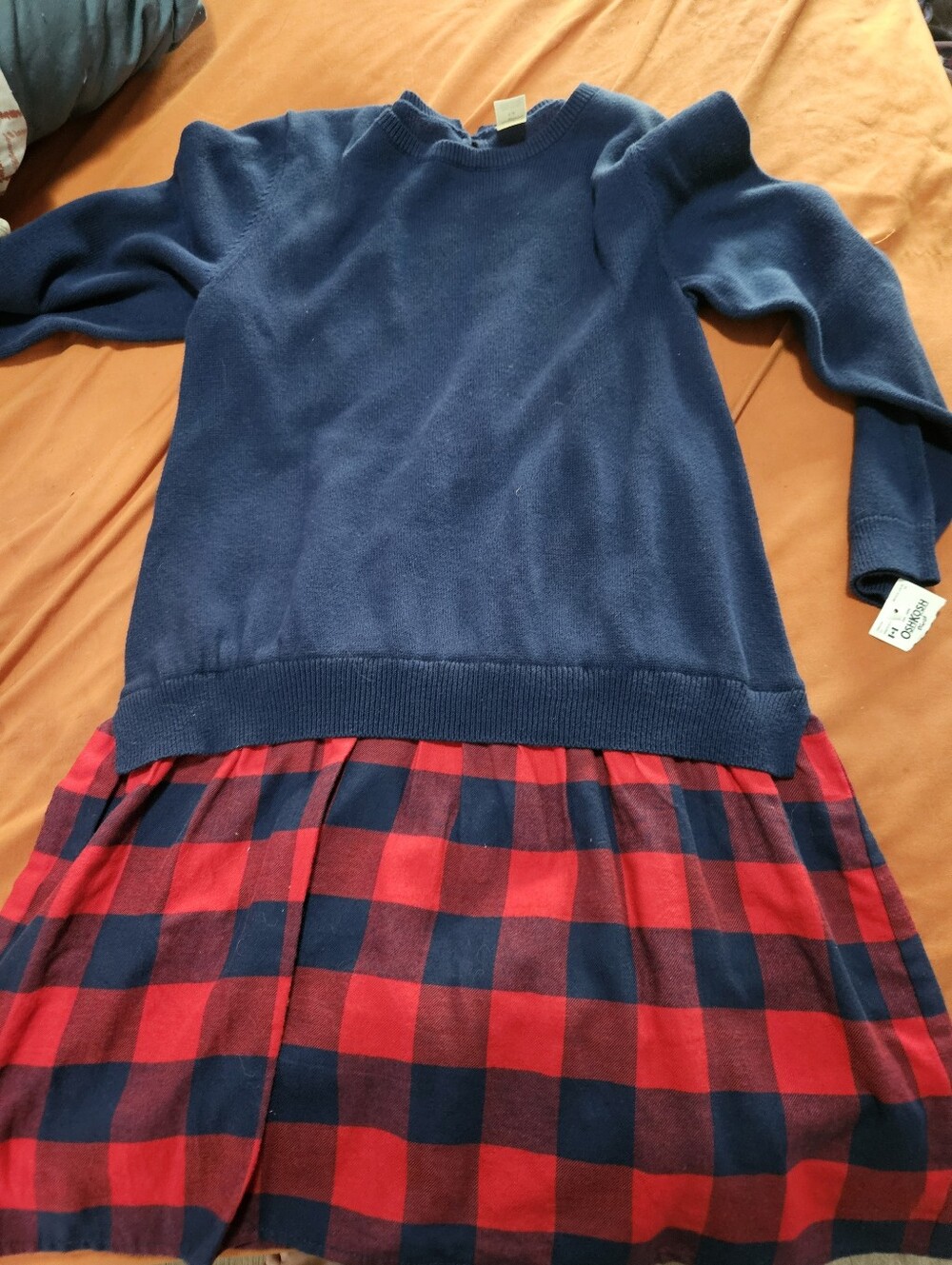 Nwt Girls Osh Kosh Navy Sweater Dress with Red & Navy Plaid Skirt